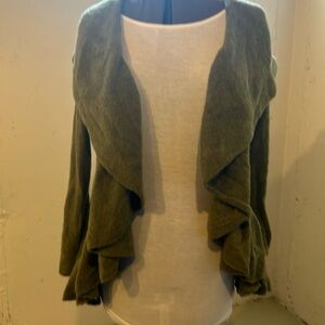Camari cashmere sweater heathered olive drab green cascading open front low back